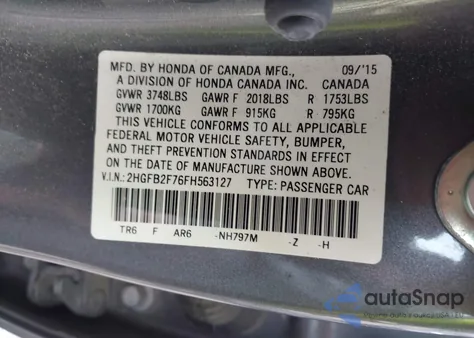 2015 Honda Civic Se z USA, uszkodzony, nr VIN 2HGFB2F76F8563127